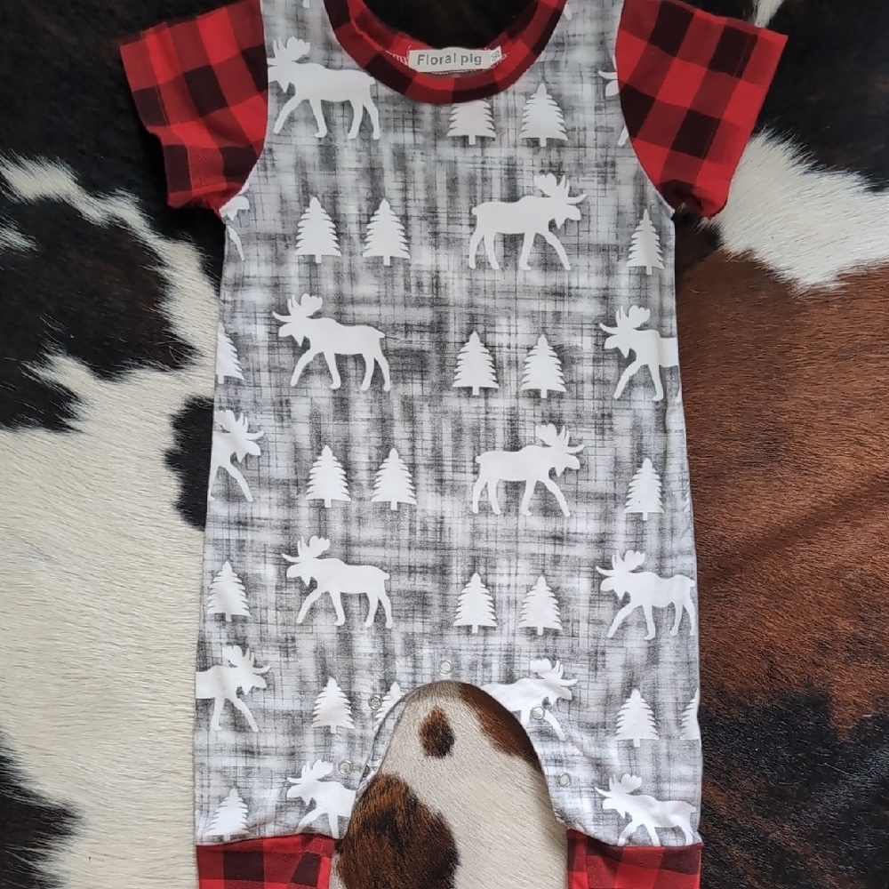 Red and Gray Moose Print Baby Romper